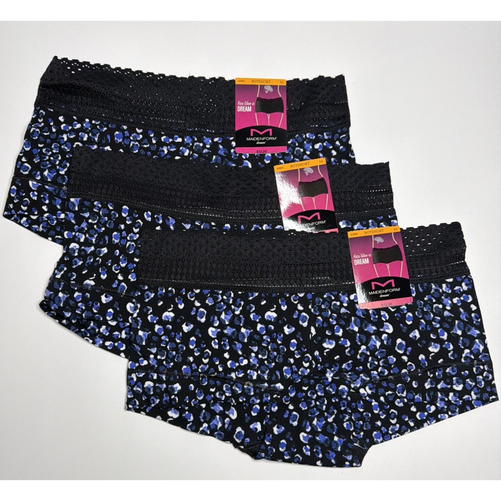 Maidenform Women's Cotton Dream Boyshort with Lace 40859 Black Blue S/5 3 Pack